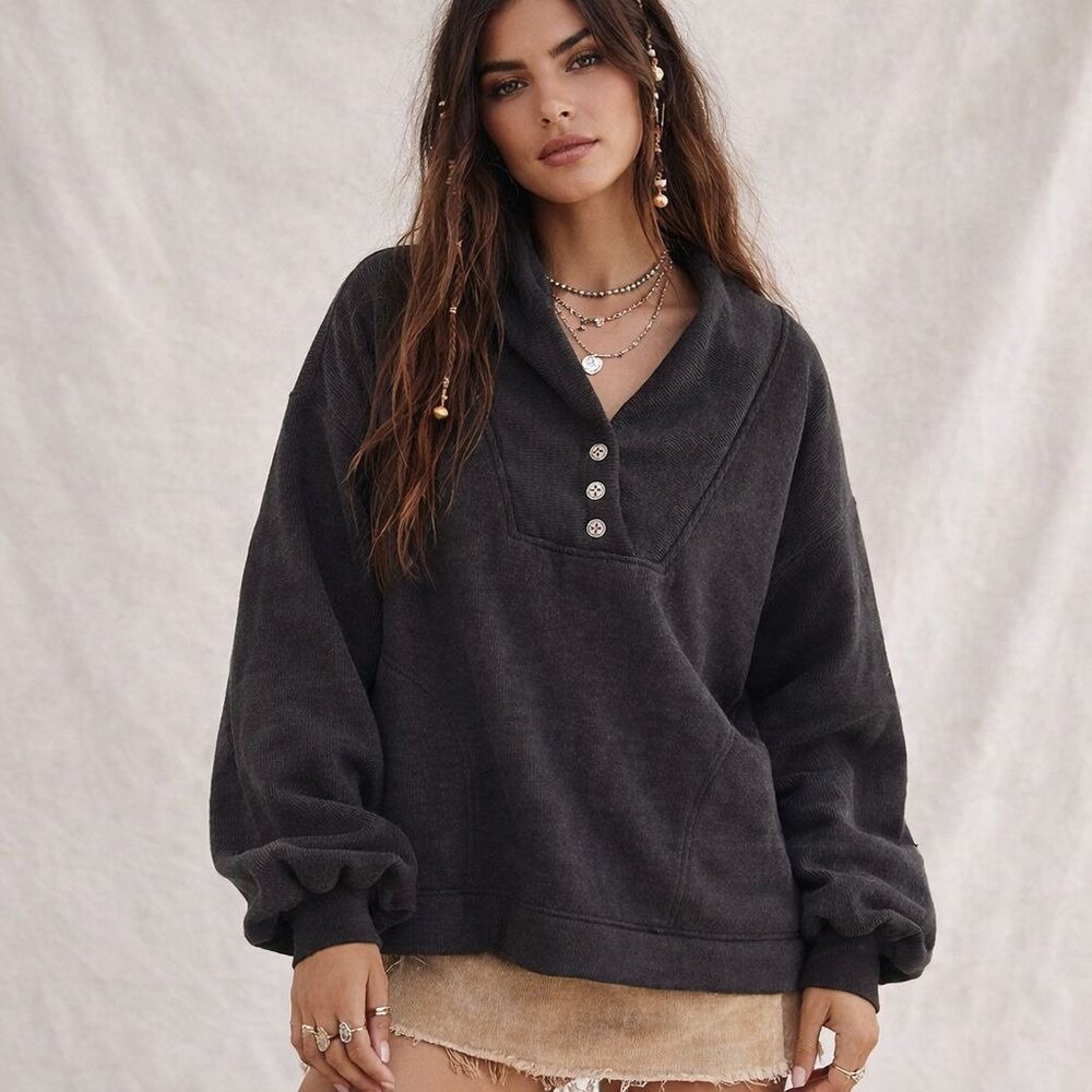 Free People Mia Henley Sweatshirt XS Black Oversized Indie Boho Cozy Boxy Grunge